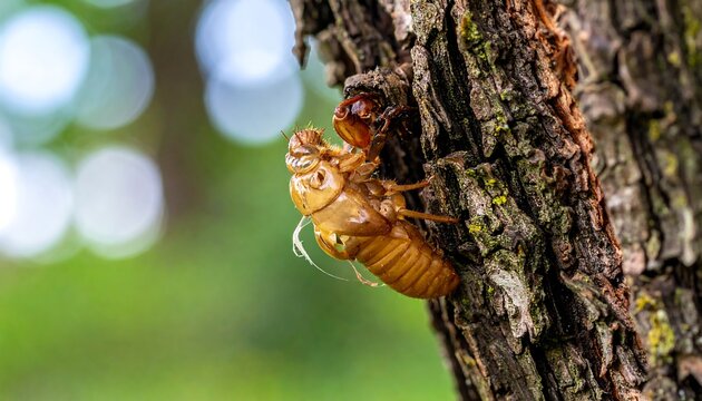Cicada molting on tree.