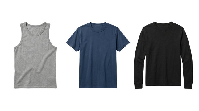 Men basic apparel tank top t shirt long sleeve mockups, isolated on transparent background