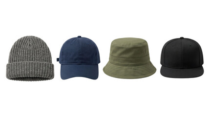 Assorted hats collection including beanie cap and bucket hat