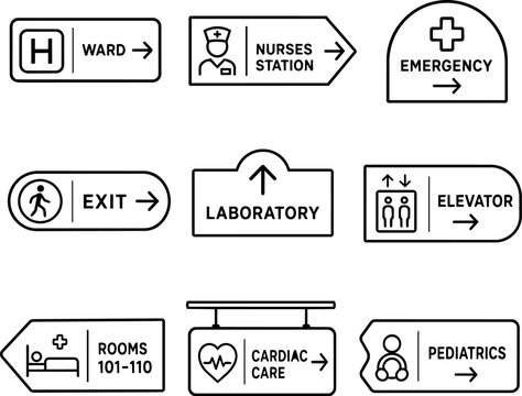 Hospital wayfinding signs set with ward emergency exit elevator and pediatrics