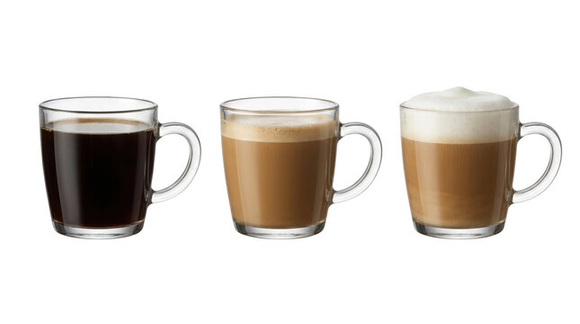 Glass coffee mugs with espresso americano and cappuccino, isolated on transparent background