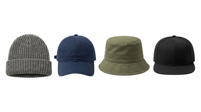 Assorted hats collection including beanie cap and bucket hat