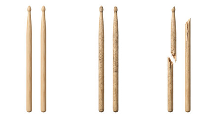 Wooden drumsticks showing wear progression from new to broken, isolated on transparent background © PNG Lab