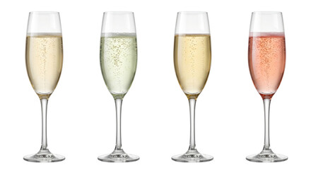 Champagne flutes with various sparkling white and rose wines, isolated on transparent background © PNG Lab