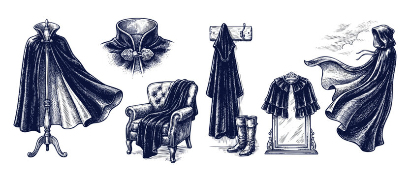Vintage gothic cloaks capes set featuring engraved style medieval mantles, hooded robes, antique armchair with throw, boots, and mysterious wizard garments isolated on a clean white background.