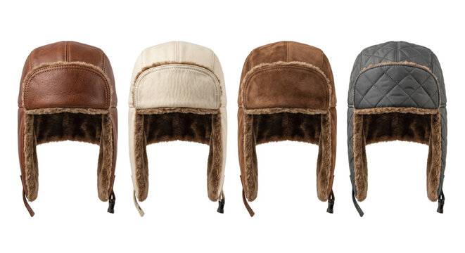 Winter ushanka trapper hats variety in different textures, isolated on transparent background