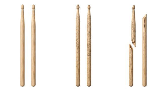 Wooden drumsticks showing wear progression from new to broken, isolated on transparent background