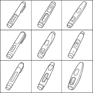 Set of insulin injection pens and medical auto injector devices in outline style