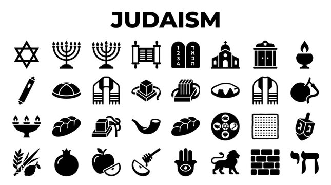 Collection of Judaism symbols and icons representing Jewish culture religious objects and traditions in a clean graphic design.