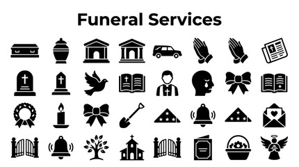 Naklejka premium Funeral Services Icons Collection Representing Grief Mourning Memorials and Religious Symbols for Comfort and Remembrance