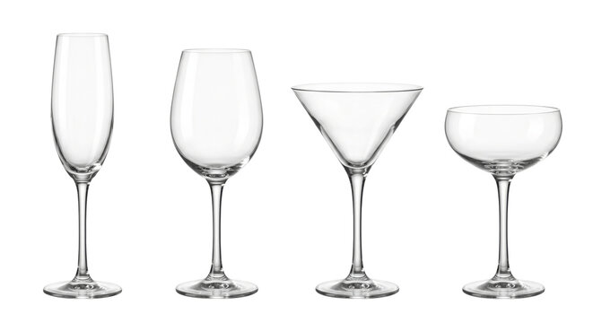 Empty stemmed wine champagne and cocktail glasses row, isolated on transparent background
