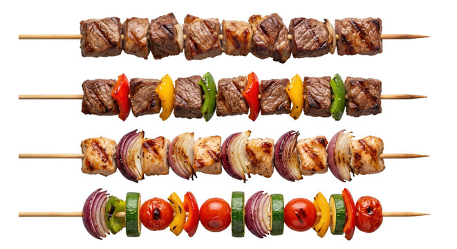 Assorted grilled meat and vegetable skewers selection, isolated on transparent background