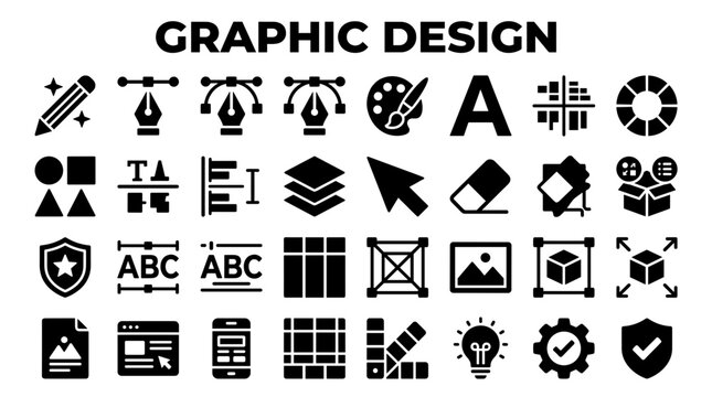 Graphic design icons and symbols representing creativity tools, visual elements, and digital art concepts for web and print design projects
