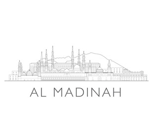 Obraz premium Medina skyline, Saudi Arabia,. Urban cityscape with landmarks and monuments. Hand drawn line art digital skyline illustration.