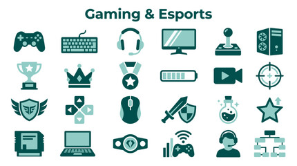 Gaming and Esports Icons Collection Representing Digital Entertainment and Competition Diverse Symbols for Online Gaming and Electronic Sports Culture © Iconique Studio