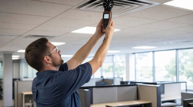 Technician measuring airflow in office ventilation