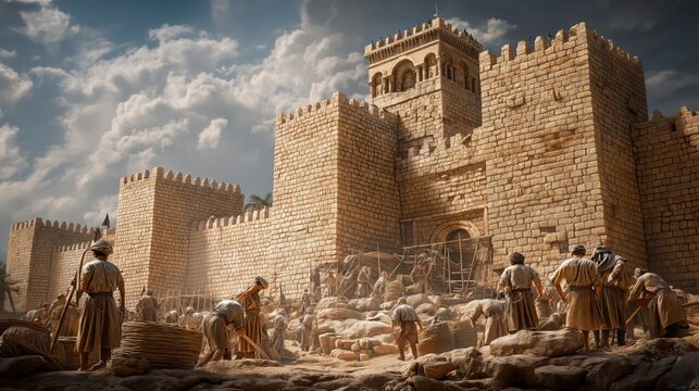 Nehemiah oversees the rebuilding of Jerusalem&rsquo;s wall as workers lay stones and guards remain watchful, demonstrating faith, perseverance, and determination in the face of opposition.
