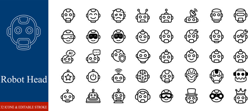 Collection of 32 editable robot head icons in various styles and expressions