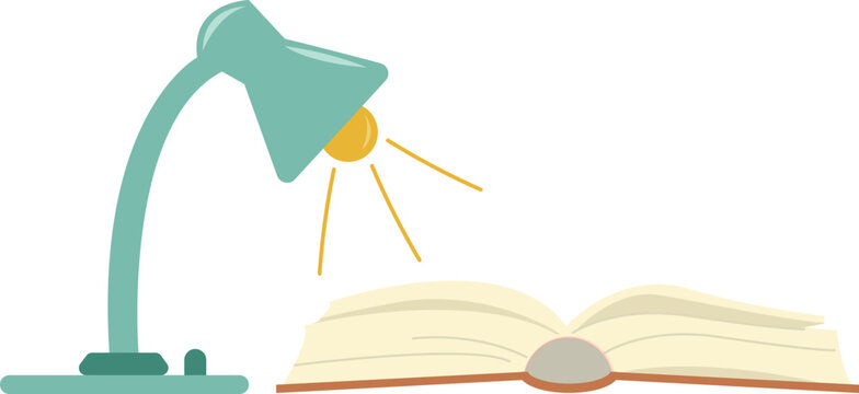 a desk lamp shining light onto an open book, symbolizing reading, studying, learning, and education.