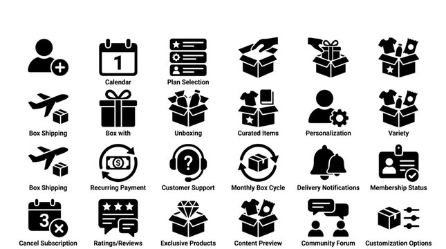 Set of E commerce icons representing online shopping services and customer experience elements like delivery, payments, support, and subscriptions