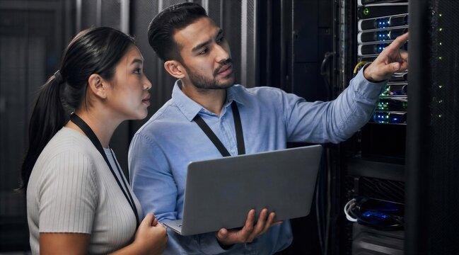 IT professionals checking servers in data center