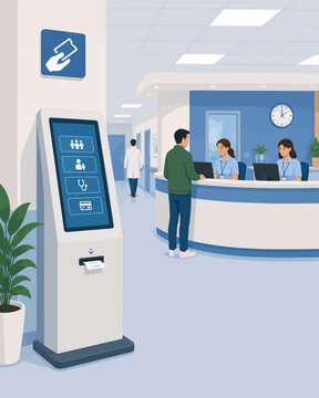 Patient registering at hospital using self service kiosk for check in
