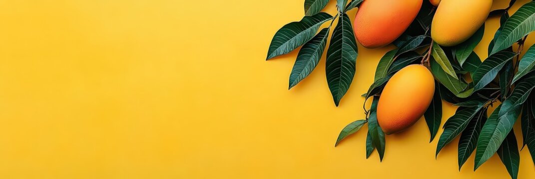 Banner with summer mango and tropical leaves, top view on yellow background