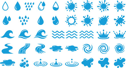 Fototapeta premium Blue water icons set featuring various liquid shapes drops splashes waves and ripples for graphic design