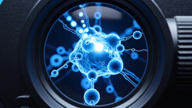 Microscope Revealing Intricate Blue Cellular Structure with Glowing Spheres in Laboratory Setting Under Bright Illumination