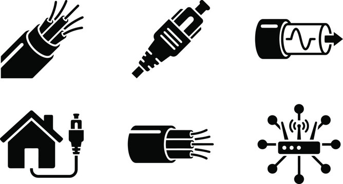 Fiber optic cable icons collection showing internet connection technology and network communication systems in black vector
