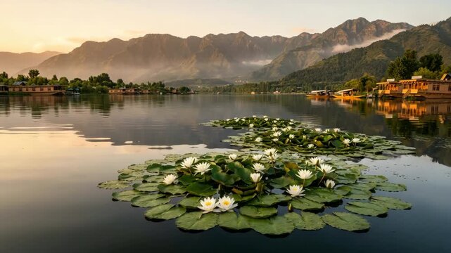 floating flowers on dal lake srinagar at golden hour landscape india zoom out video