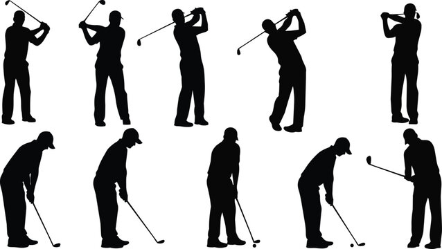 Golf player silhouette collection showing swing and putting positions, professional sports action pose set.