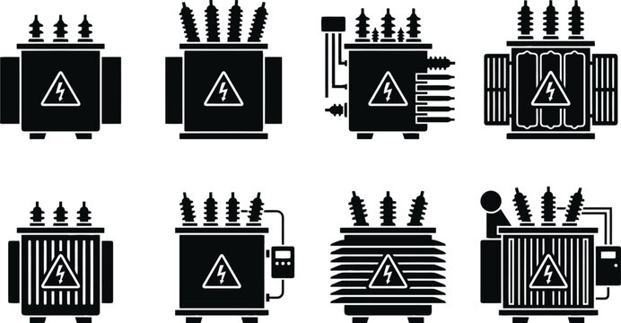 Electrical transformer icons set showing various industrial power distribution equipment in a simple black silhouette style