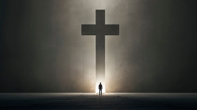 A lone figure stands beneath a towering cross, emphasizing the greatness of God&rsquo;s love and the humble response of faith, surrender, and devotion before His saving grace.

