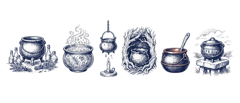 Witch cauldron potion brewing sketch set containing vintage woodcut style illustrations of spooky magic pots, wiccan ritual tools, mystical roots, runes, and alchemy ingredients on a white background.