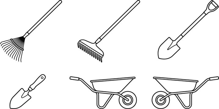 Garden tools set featuring rakes shovel trowel and wheelbarrows in a simple black outline style