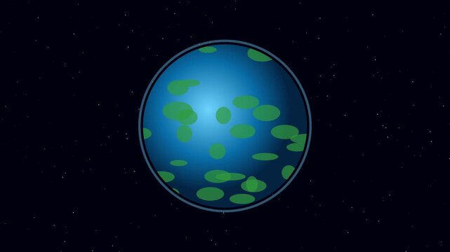 Abstract blue planet with floating green orbs motion background, sphere globe space