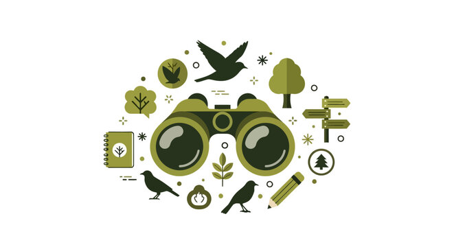 Flat Vector Illustration of Birdwatching Equipment with Binoculars, Birds, and Nature Icons in Earth Tones