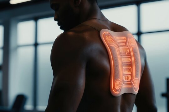 Man wears glowing bio-sensor patch on back. Futuristic tech tracks health and performance data. Sports device helps athlete monitor body vitals during workout. Fitness innovation for peak condition.