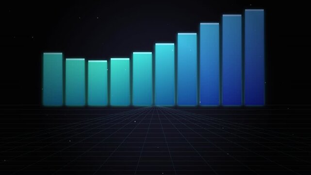 Animated blue green data bars change height on retro digital grid floor