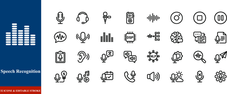 Speech recognition icons set 32 editable stroke icons for voice technology and audio applications