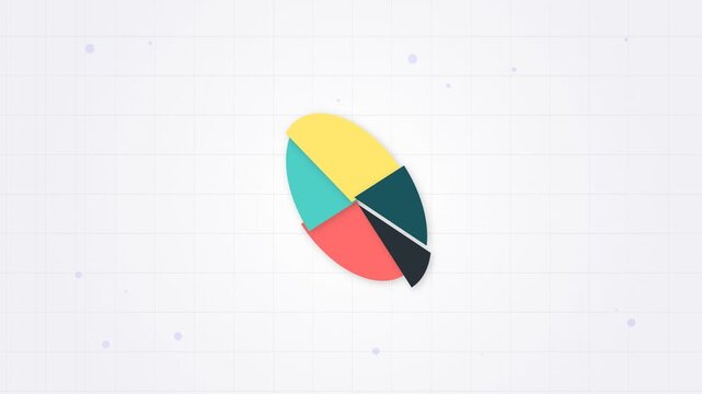 3D animated pie chart with colorful separated slices rotating on grid background for data analysis.