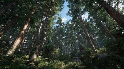 Fototapeta premium Towering ancient trees reaching towards a bright blue sky in a sunlit forest.