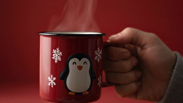 Hand Holding Red Penguin Mug With Steam Rising.