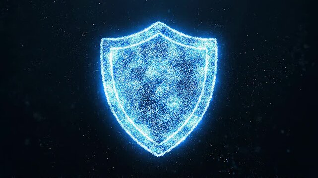 Blue glowing digital shield symbolizing cybersecurity protection in a dark background with sparkling particles.