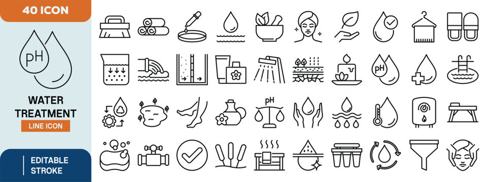 Water Treatment Line Icon Set &ndash; Clean Water, Purification, Filtration & Hygiene Vector Illustration Collection