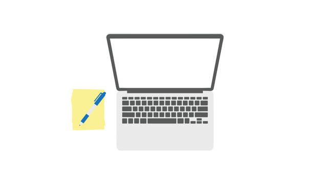 Workspace arrangement featuring an open laptop computer and a yellow notepad with a pen for taking notes or planning daily tasks.