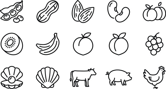Clean Outline Style Mixed Food and Farm Animal Icon Set Featuring Nuts, Fruits, Seafood, Cow, Pig, and Chicken on White Background
