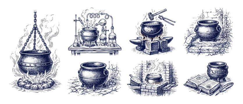 Witch cauldron engraving illustration set featuring medieval alchemy lab tools, witchcraft spell pot, blacksmith forge, and magic potions in vintage woodcut style for fantasy concept graphic design