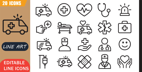 Fototapeta premium Isolated medical emergency icons set, 20 editable line art icons set, emergency, medical emergency, healthcare ambulance urgent, rescue treatment assistance, safety health theme style, clean vector